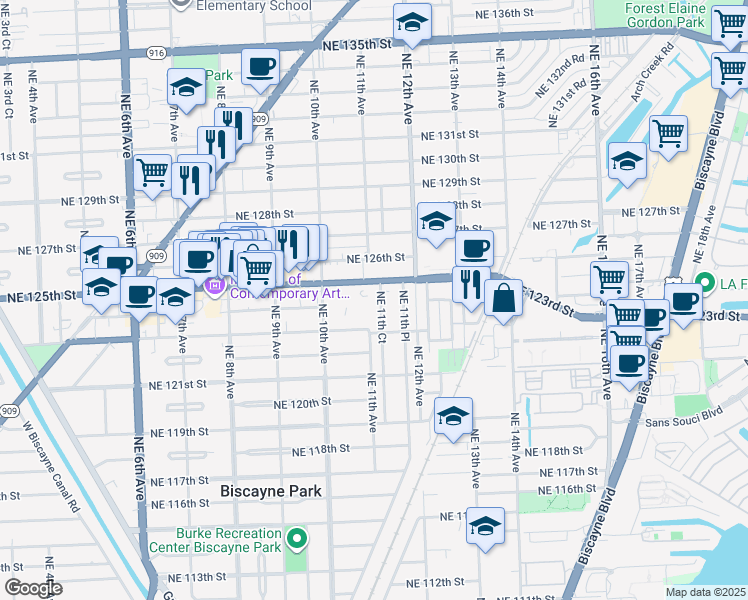 map of restaurants, bars, coffee shops, grocery stores, and more near 12410 Northeast 11th Court in North Miami