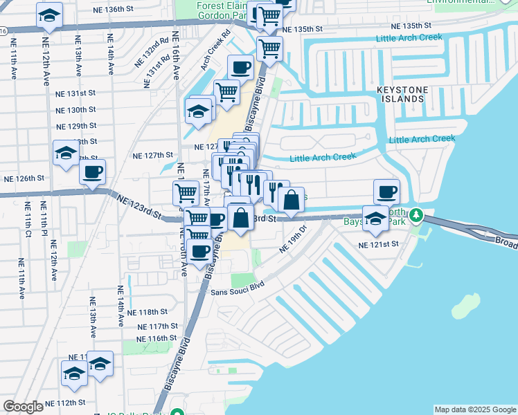 map of restaurants, bars, coffee shops, grocery stores, and more near 1833 Northeast 123rd Street in North Miami