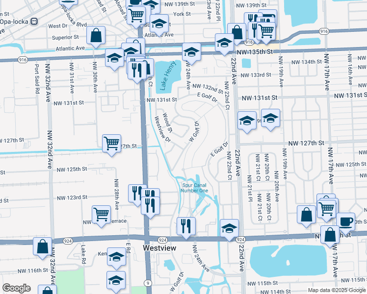map of restaurants, bars, coffee shops, grocery stores, and more near 12640 West Golf Drive in Miami