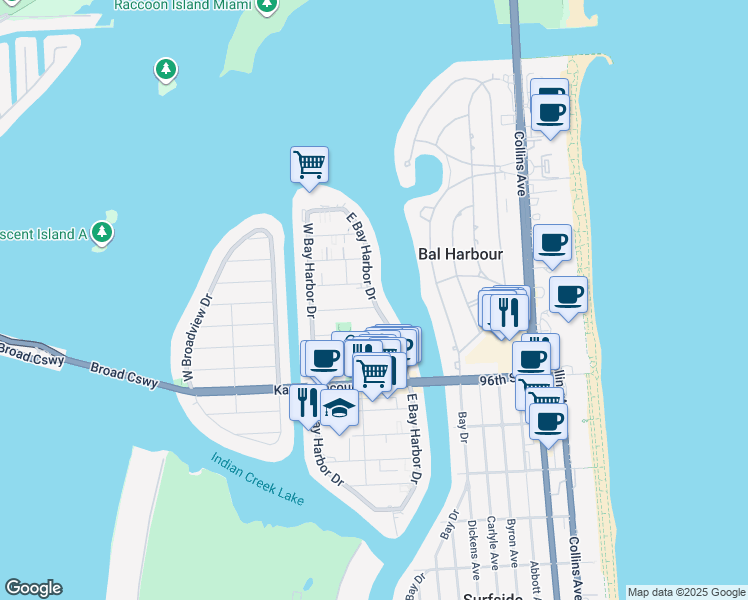 map of restaurants, bars, coffee shops, grocery stores, and more near 9901 East Bay Harbor Drive in Bay Harbor Islands