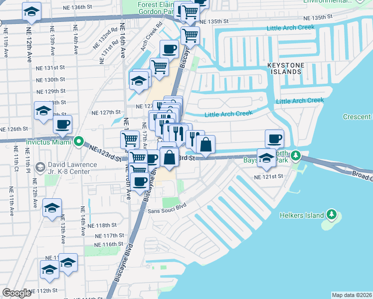 map of restaurants, bars, coffee shops, grocery stores, and more near 1833 Northeast 123rd Street in North Miami