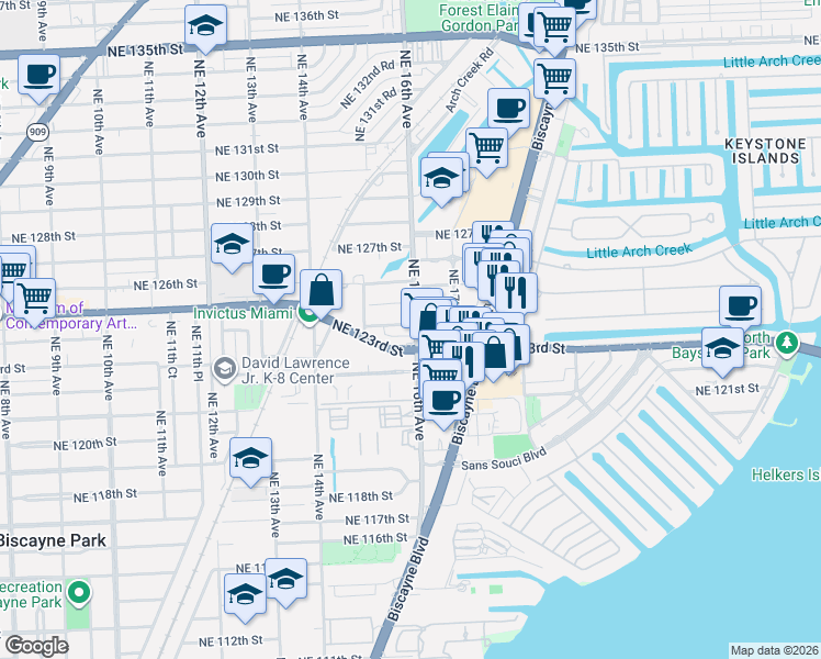 map of restaurants, bars, coffee shops, grocery stores, and more near in North Miami