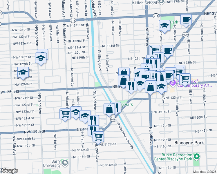 map of restaurants, bars, coffee shops, grocery stores, and more near 12500 Griffing Boulevard in North Miami