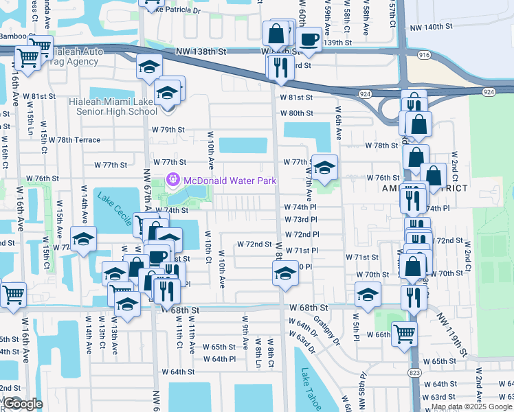 map of restaurants, bars, coffee shops, grocery stores, and more near 845 West 74th Street in Hialeah