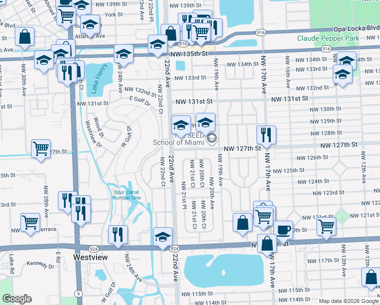 map of restaurants, bars, coffee shops, grocery stores, and more near 2120 Northwest 127th Street in Miami