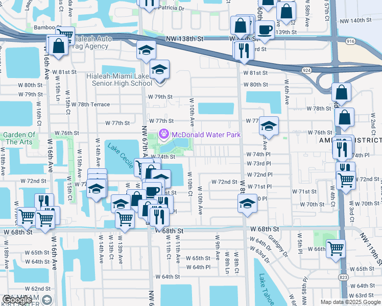 map of restaurants, bars, coffee shops, grocery stores, and more near 7400 West 10th Avenue in Hialeah