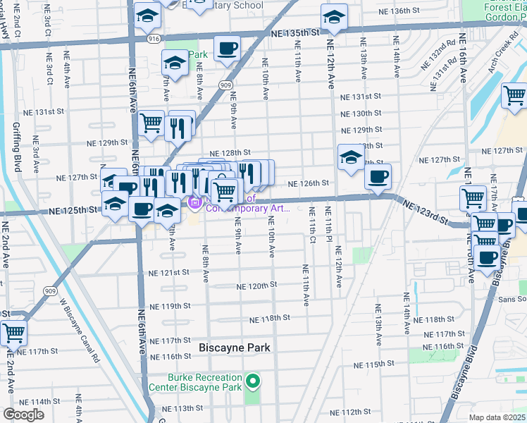 map of restaurants, bars, coffee shops, grocery stores, and more near 990 Northeast 125th Street in North Miami