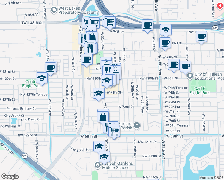 map of restaurants, bars, coffee shops, grocery stores, and more near 3142 West 76th Street in Hialeah