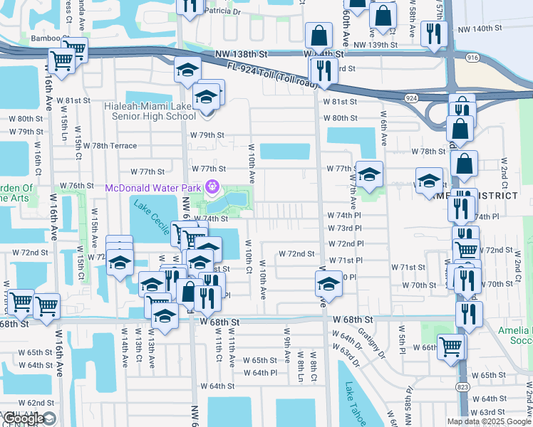 map of restaurants, bars, coffee shops, grocery stores, and more near 975 West 74th Street in Hialeah