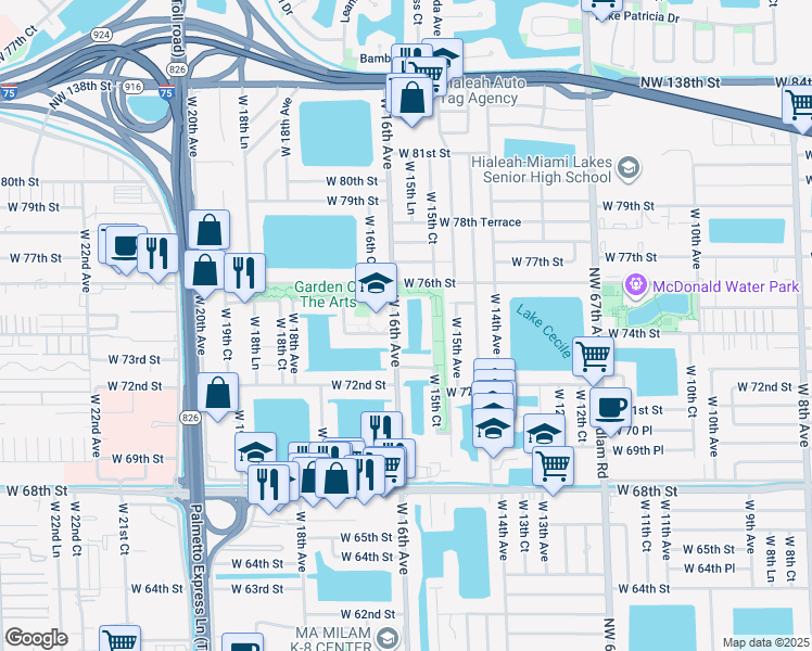 map of restaurants, bars, coffee shops, grocery stores, and more near 7395 West 16th Avenue in Hialeah