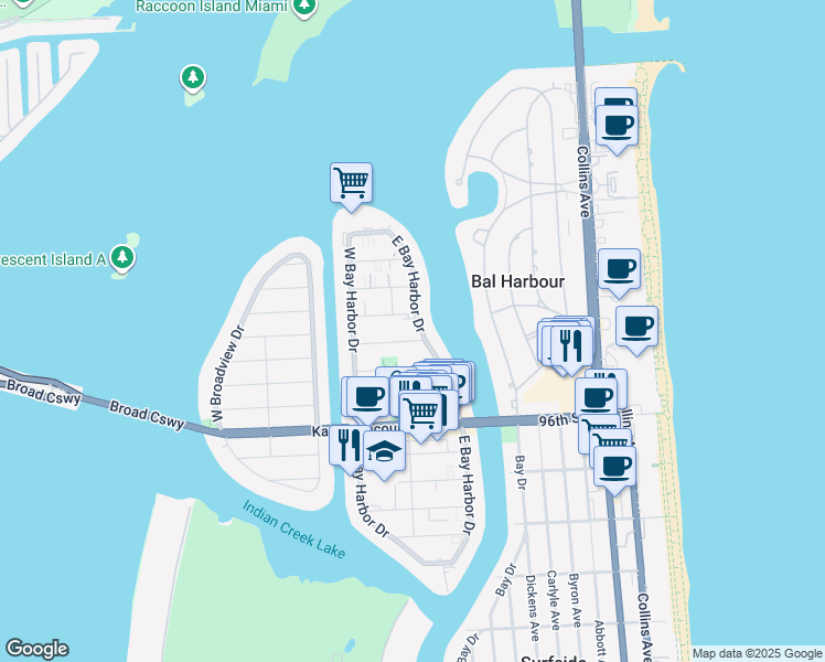 map of restaurants, bars, coffee shops, grocery stores, and more near 1085 99th Street in Bay Harbor Islands