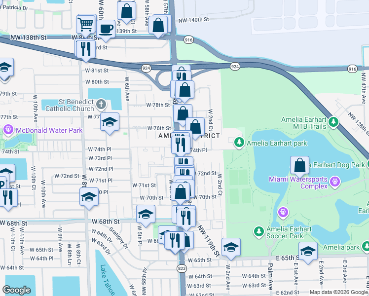map of restaurants, bars, coffee shops, grocery stores, and more near 345 West 74th Place in Hialeah