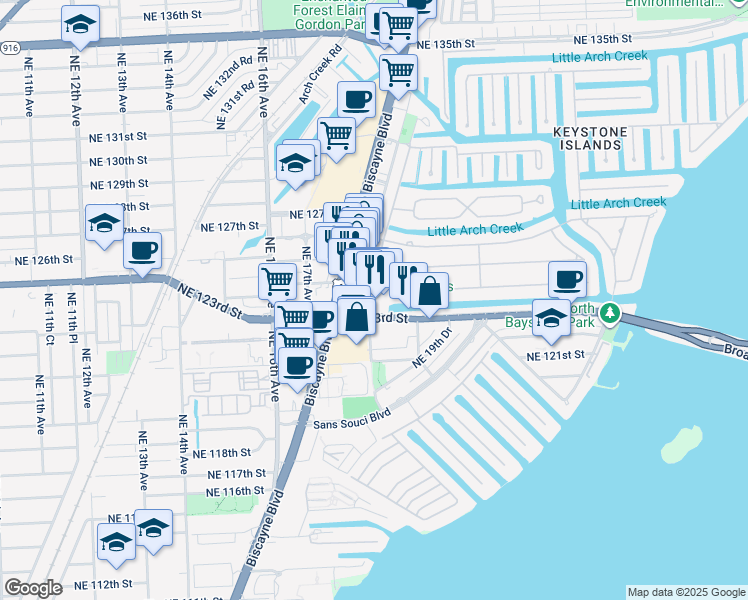 map of restaurants, bars, coffee shops, grocery stores, and more near 1833 Northeast 123rd Street in North Miami