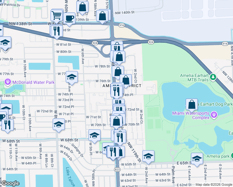 map of restaurants, bars, coffee shops, grocery stores, and more near 7445 Florida 823 in Hialeah
