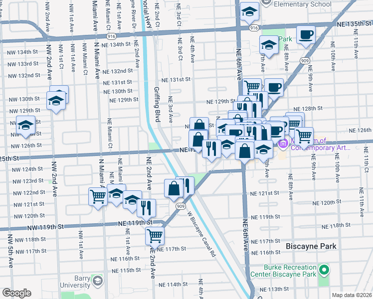 map of restaurants, bars, coffee shops, grocery stores, and more near 360 Florida 922 in North Miami