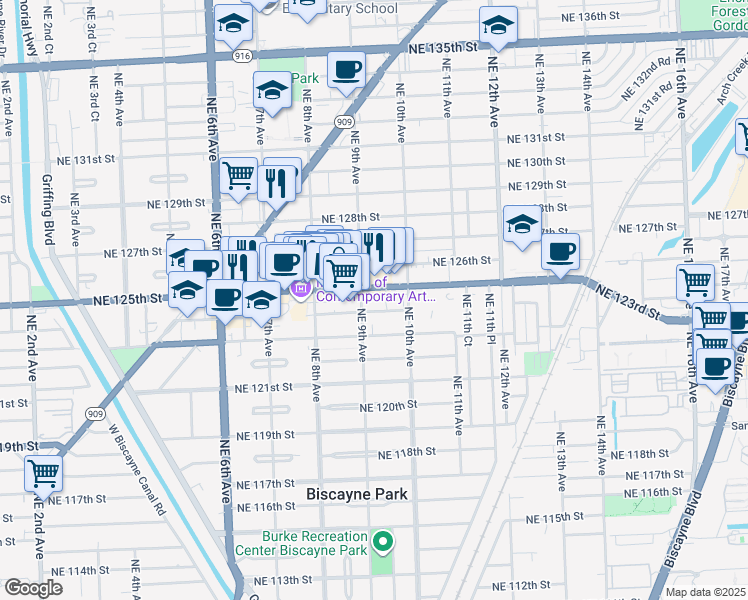 map of restaurants, bars, coffee shops, grocery stores, and more near 990 Northeast 125th Street in North Miami