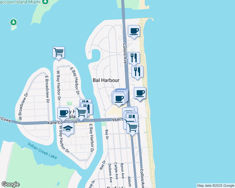 map of restaurants, bars, coffee shops, grocery stores, and more near 90 Park Drive in Bal Harbour