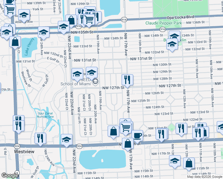 map of restaurants, bars, coffee shops, grocery stores, and more near 1780 Northwest 127th Street in Miami