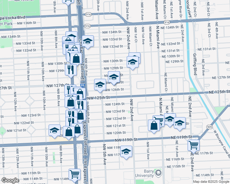 map of restaurants, bars, coffee shops, grocery stores, and more near 12550 Northwest 4th Avenue in North Miami