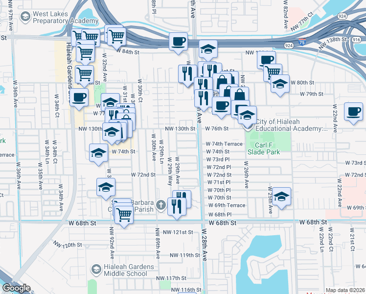 map of restaurants, bars, coffee shops, grocery stores, and more near 2879 West 74th Place in Hialeah