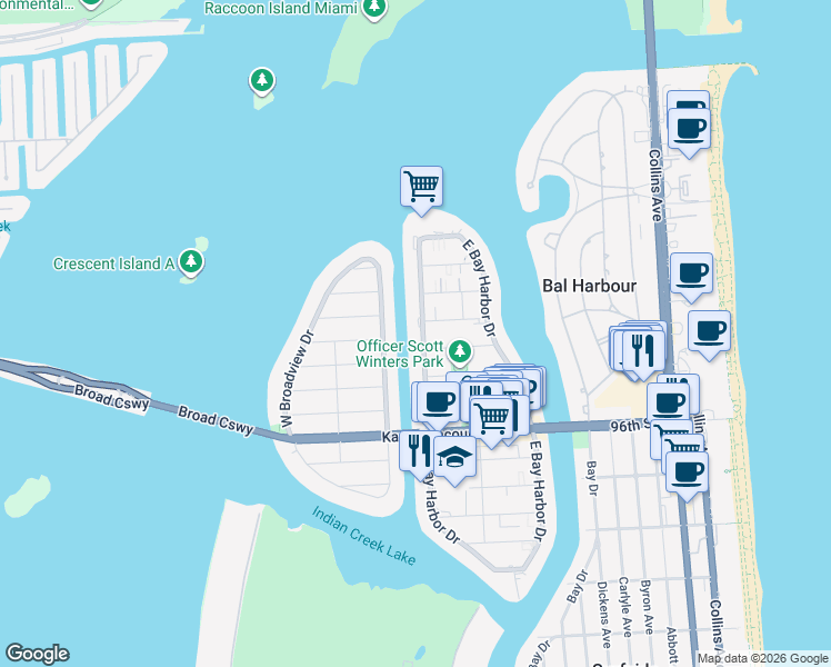 map of restaurants, bars, coffee shops, grocery stores, and more near 1175 99th Street in Bay Harbor Islands