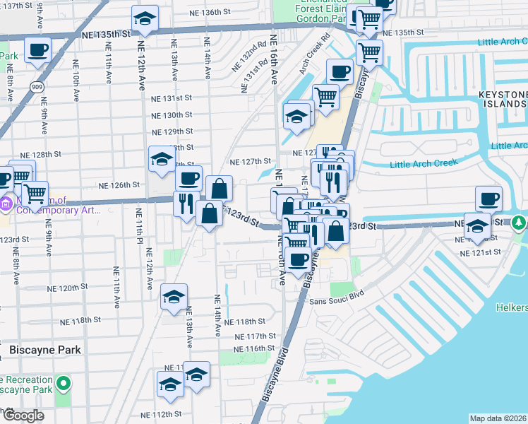 map of restaurants, bars, coffee shops, grocery stores, and more near 1550 Northeast 124th Street in North Miami