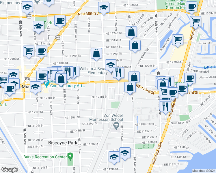 map of restaurants, bars, coffee shops, grocery stores, and more near 1260 Northeast 124th Street in North Miami