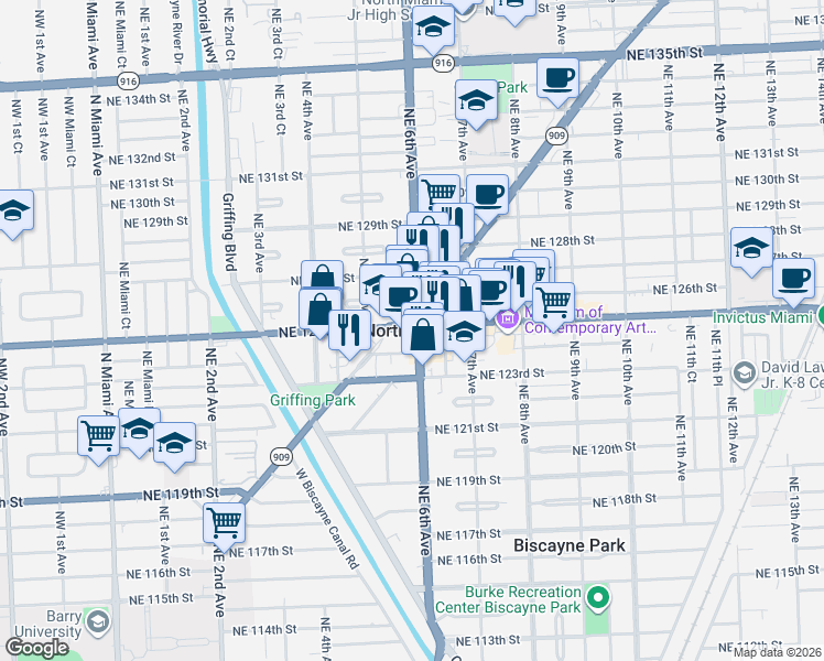 map of restaurants, bars, coffee shops, grocery stores, and more near in North Miami