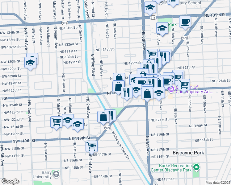 map of restaurants, bars, coffee shops, grocery stores, and more near 450 Northeast 125th Street in North Miami