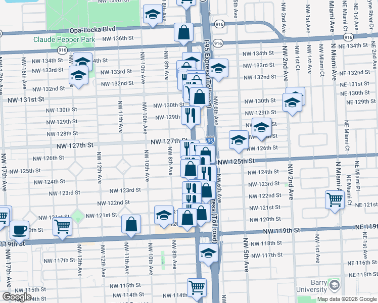 map of restaurants, bars, coffee shops, grocery stores, and more near 12550 Florida 7 in North Miami