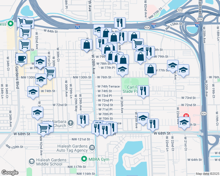 map of restaurants, bars, coffee shops, grocery stores, and more near 2655 West 74th Street in Hialeah