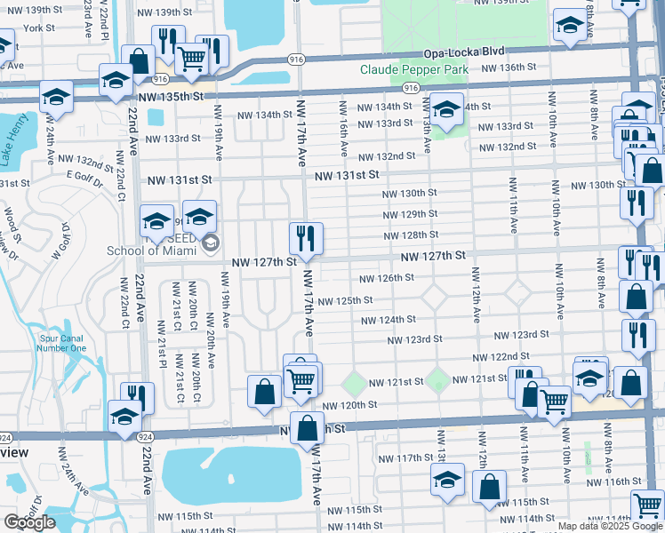 map of restaurants, bars, coffee shops, grocery stores, and more near 1650 Northwest 127th Street in North Miami