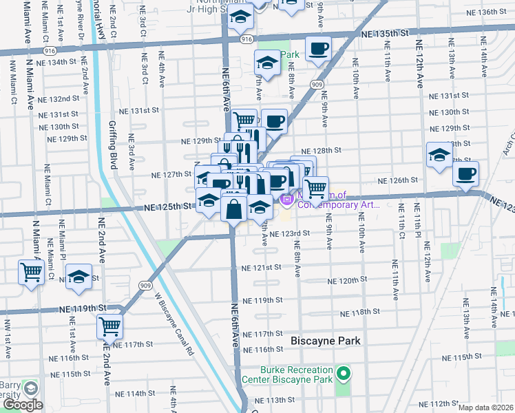 map of restaurants, bars, coffee shops, grocery stores, and more near 12495 Northeast 6th Court in North Miami