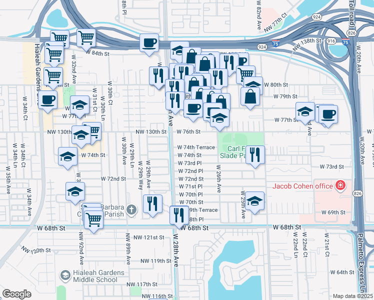 map of restaurants, bars, coffee shops, grocery stores, and more near 2738 West 74th Terrace in Hialeah