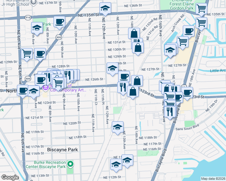 map of restaurants, bars, coffee shops, grocery stores, and more near 1260 Northeast 124th Street in North Miami