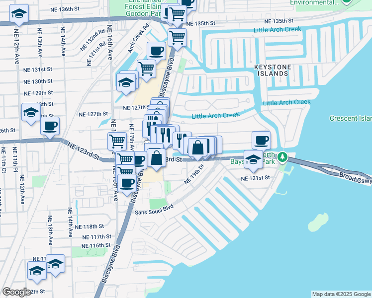 map of restaurants, bars, coffee shops, grocery stores, and more near 1888 Northeast 124th Street in North Miami
