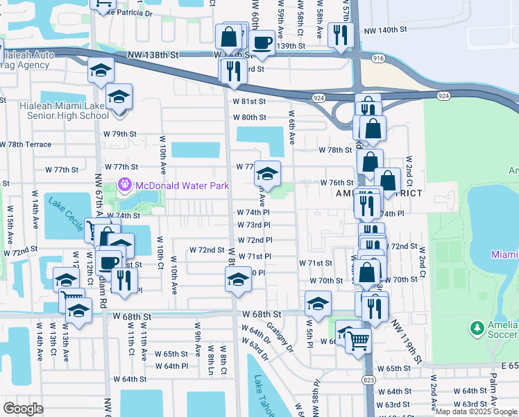 map of restaurants, bars, coffee shops, grocery stores, and more near 725 West 74th Place in Hialeah