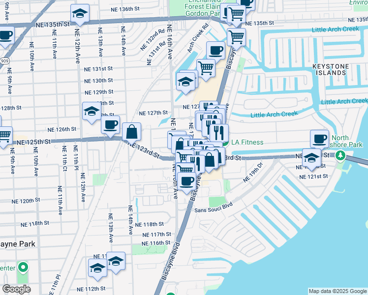 map of restaurants, bars, coffee shops, grocery stores, and more near in North Miami