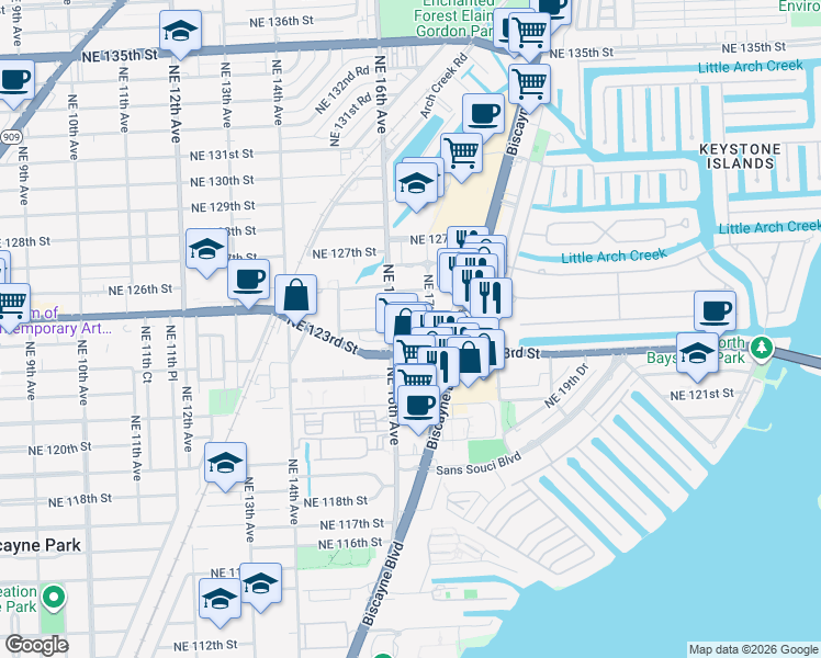 map of restaurants, bars, coffee shops, grocery stores, and more near in North Miami