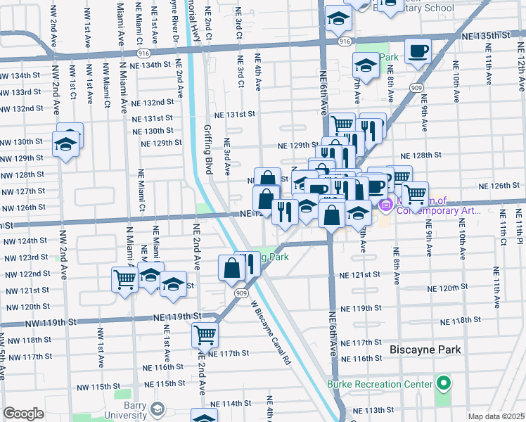 map of restaurants, bars, coffee shops, grocery stores, and more near 450 Northeast 125th Street in North Miami