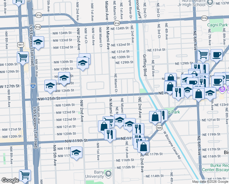 map of restaurants, bars, coffee shops, grocery stores, and more near 12505 Northeast Miami Court in North Miami
