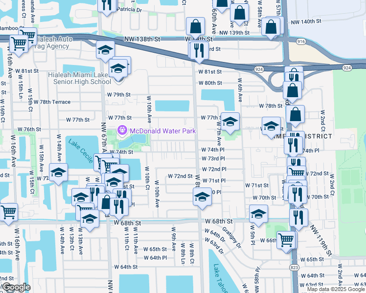 map of restaurants, bars, coffee shops, grocery stores, and more near 845 West 74th Street in Hialeah