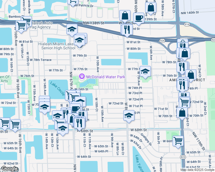 map of restaurants, bars, coffee shops, grocery stores, and more near 915 West 74th Street in Hialeah