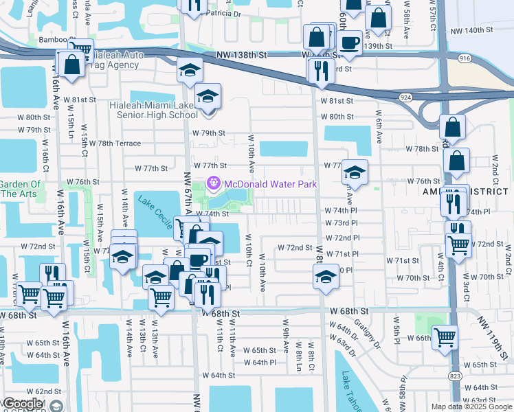 map of restaurants, bars, coffee shops, grocery stores, and more near 7400 West 10th Avenue in Hialeah