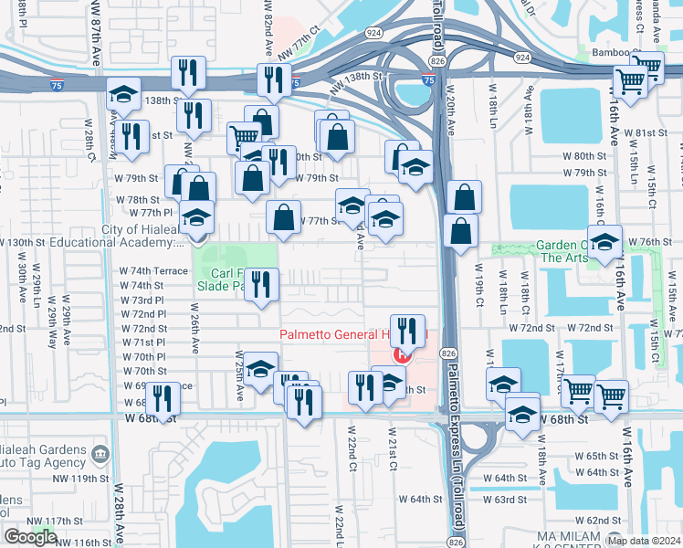 map of restaurants, bars, coffee shops, grocery stores, and more near 2292 West 74th Place in Hialeah