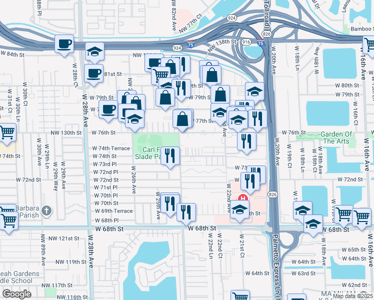 map of restaurants, bars, coffee shops, grocery stores, and more near 2351 West 74th Street in Hialeah