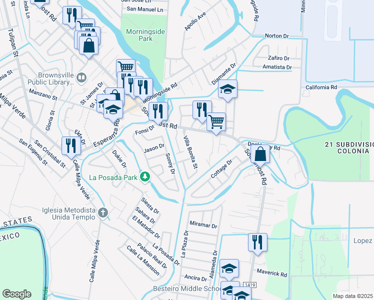 map of restaurants, bars, coffee shops, grocery stores, and more near 5110 Villa Bonita Street in Brownsville