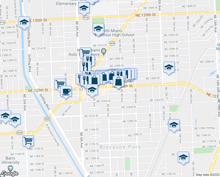 map of restaurants, bars, coffee shops, grocery stores, and more near in North Miami
