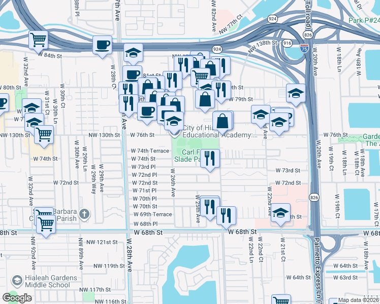map of restaurants, bars, coffee shops, grocery stores, and more near 2501 West 74th Street in Hialeah