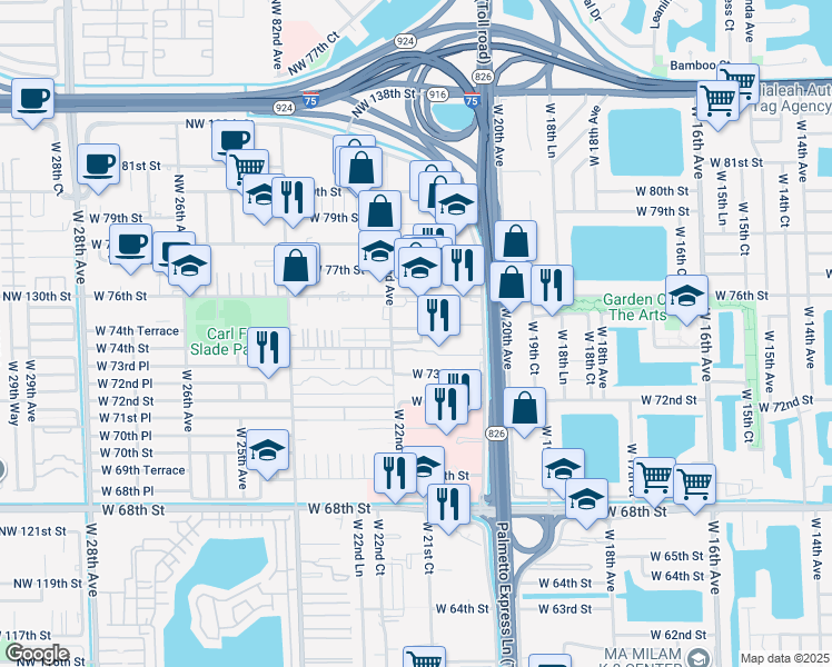 map of restaurants, bars, coffee shops, grocery stores, and more near 204 West 22nd Avenue in Hialeah